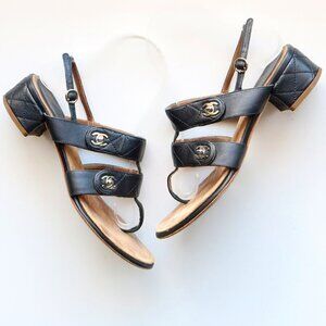 CHANEL Black Quilted Leather Thong Slingback Block Heel Sandals Summer Shoes 6